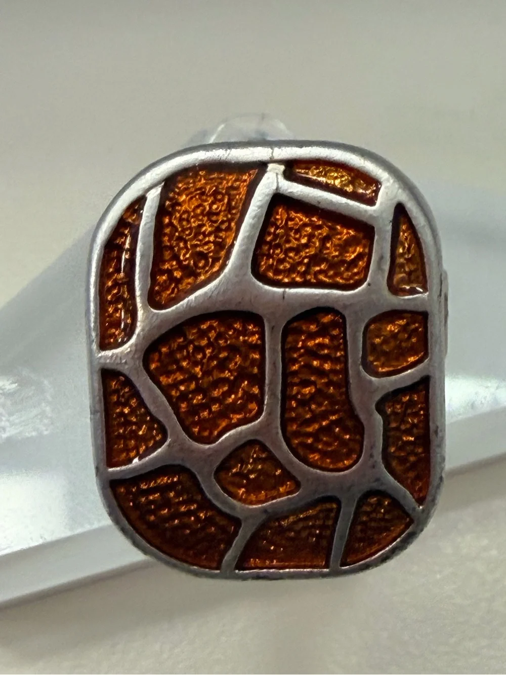 Silver Tone Orange Mosaic Costume /Fashion Statement Ring, Adjustable Sizing
